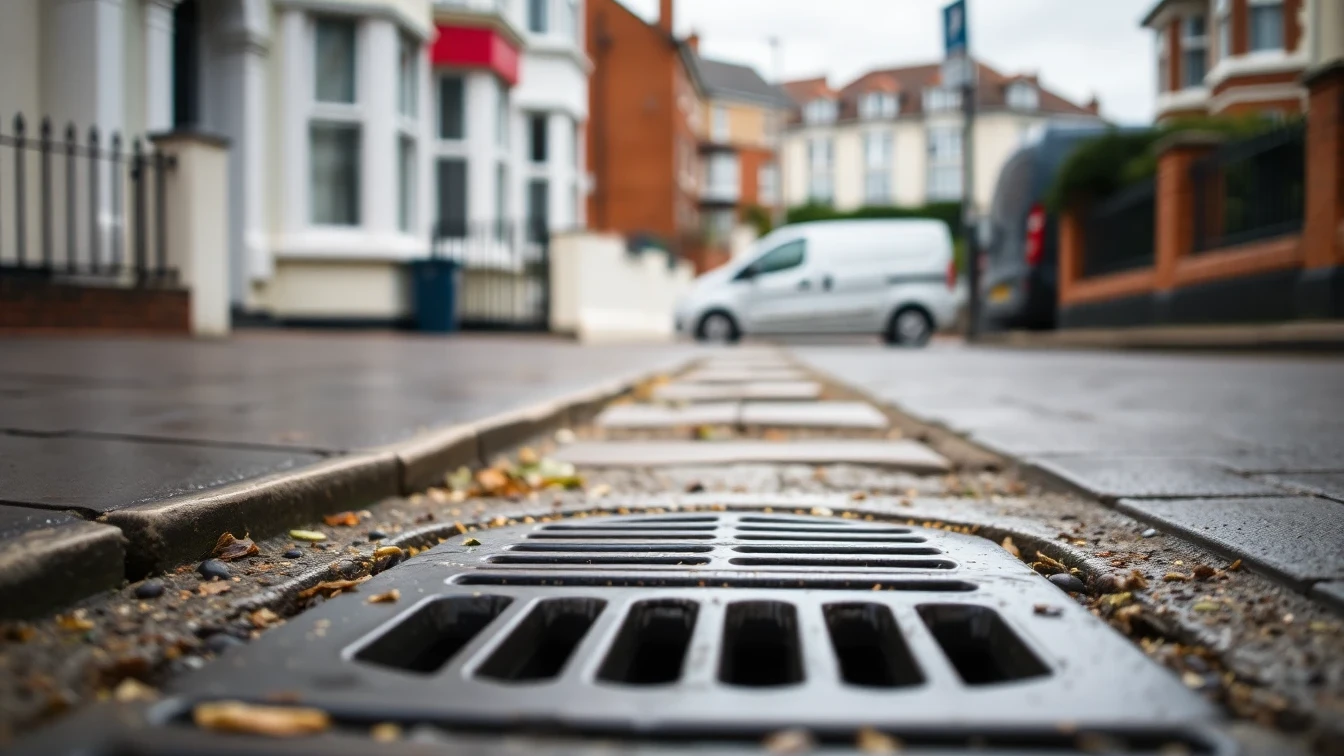Coastal drain grate on a Bournemouth Dorset street with Victorian seaside property in background